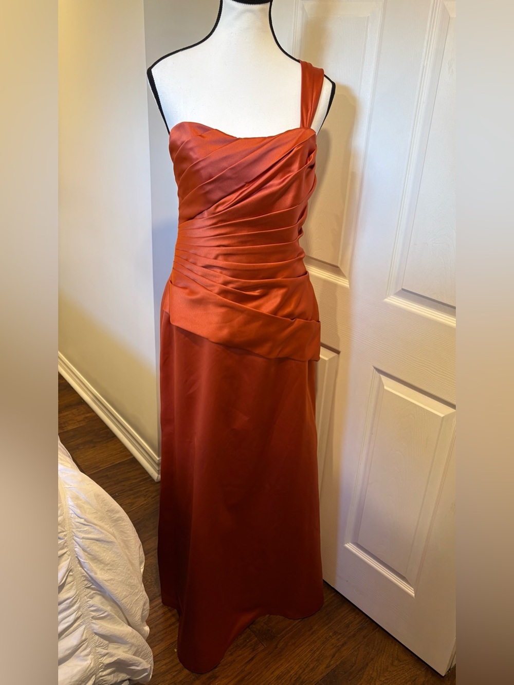 Impression Bridal Satin Ruched Formal Gown Size 14 Rust Orange One Shoulder